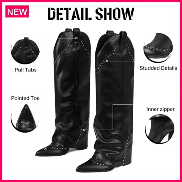 Knee High Studded Fold Over Boots 3.7 Inch Heel Vegan Leather Pull On - Picture 6 of 8